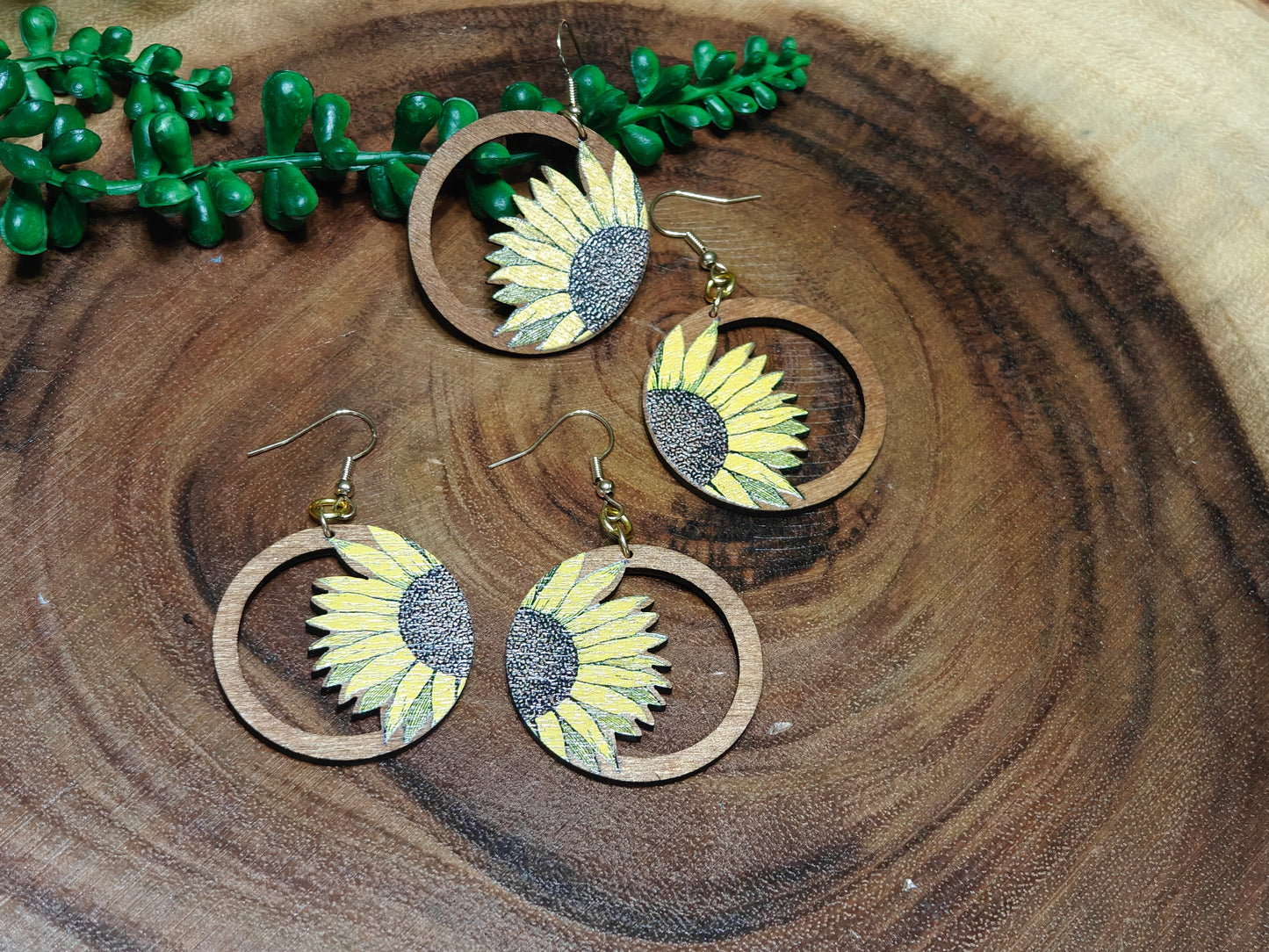 Sunflower Serenity Wooden Hoop Earrings