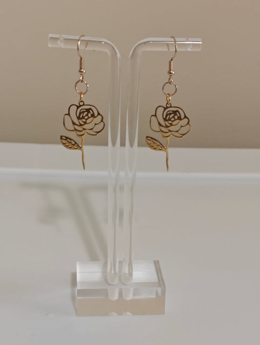 Golden Rose Floral Dangle Earrings