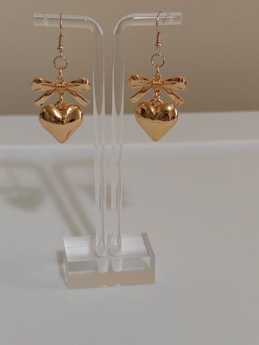 Golden Bow Heart Dangle Earrings