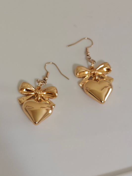 Golden Bow Heart Dangle Earrings