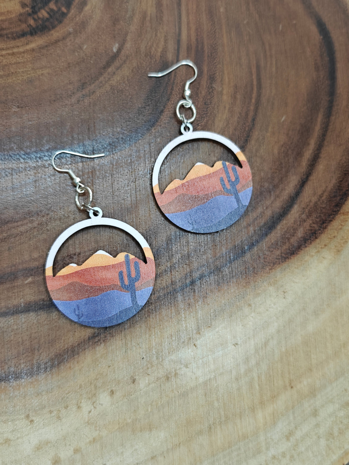 Desert Sunset Cactus Wood Earrings