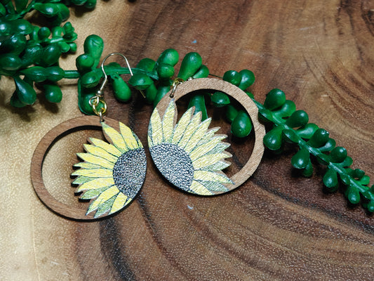 Sunflower Serenity Wooden Hoop Earrings