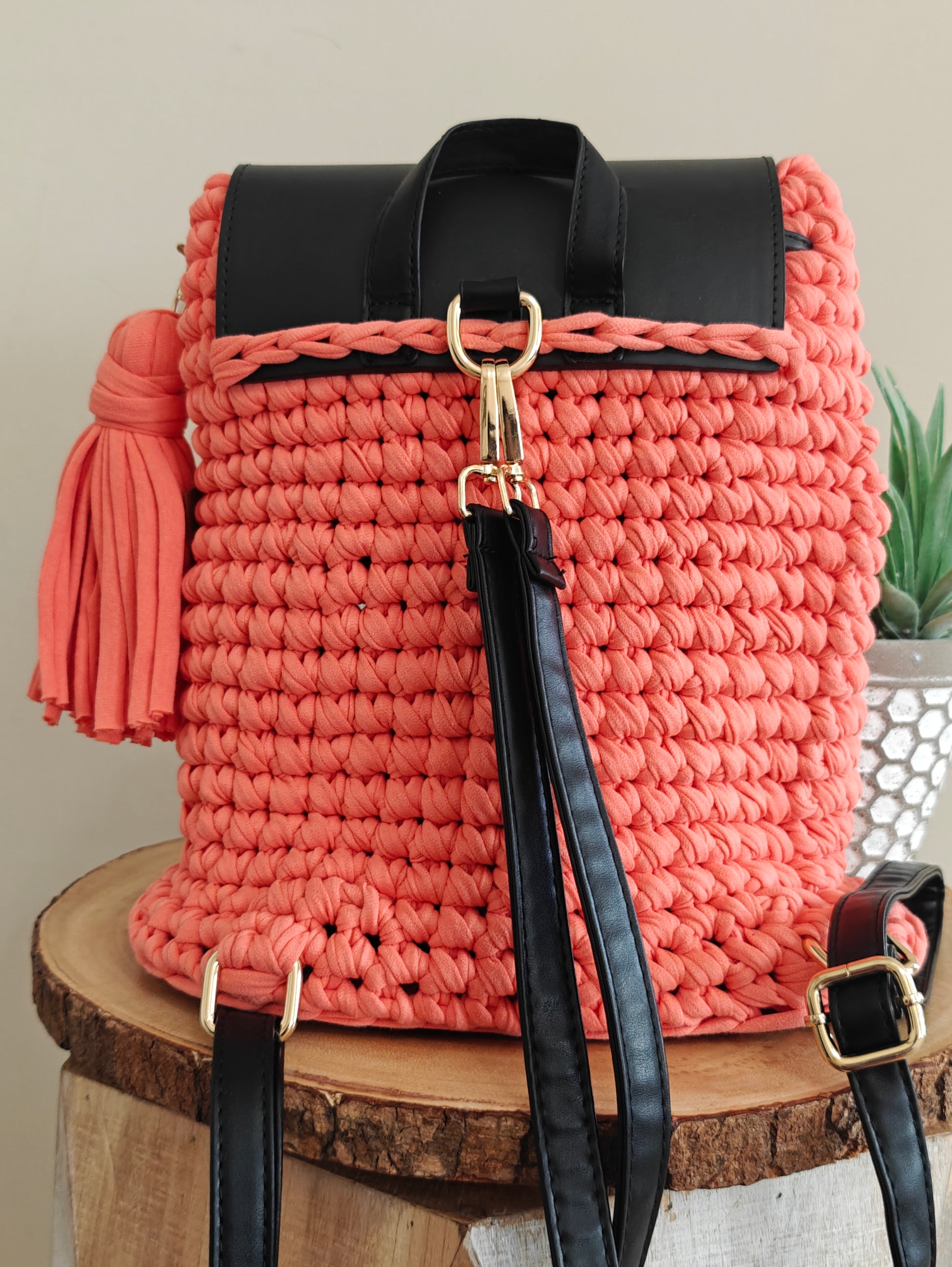 brown faux leather backpack with ivory floral crochet overlay Cara Crochet Backpack – Riley House Crafts