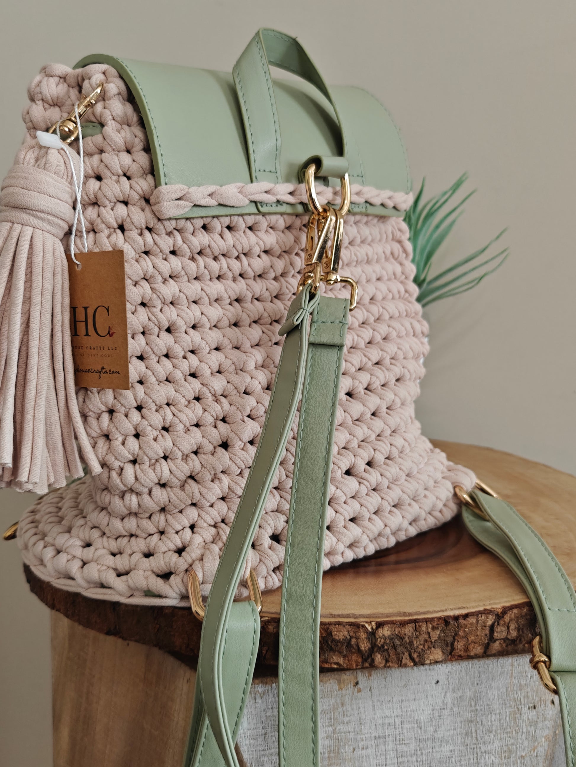 denim crochet and faux leather backpack Cara Crochet Backpack – Riley House Crafts